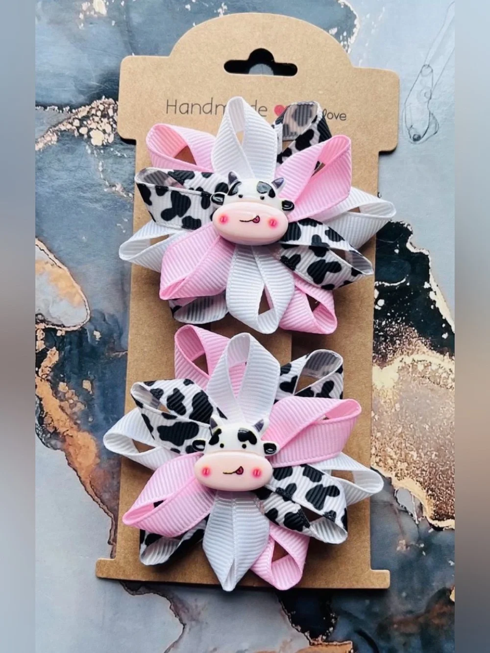 Pink & White Cow Print Flower Hair Clips (Set of 2)